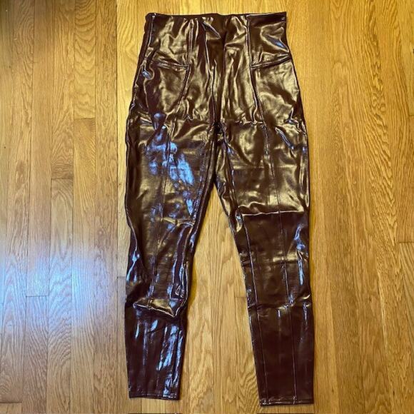 SPANX XL Leggings Faux Patent Leather Liquid Gloss Shape Stretch Shiny Burgundy - Picture 1 of 10